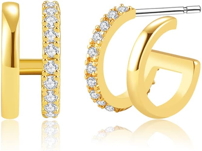 Obidos 14K Gold Plated Triple Huggie Illusion Stud Earrings | Double Huggie Hoop Earrings for One Hole | Gold Hoop Earrings for Women | Drop earrings - Image 1